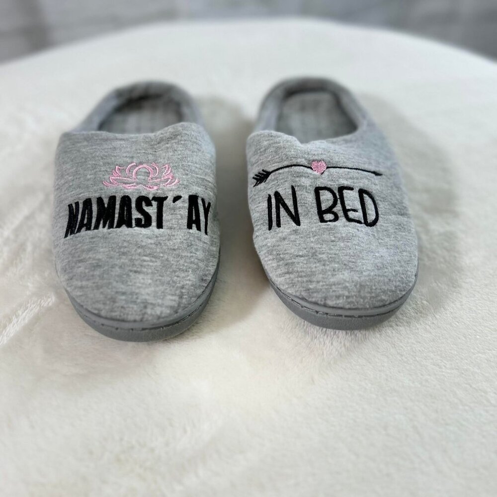 Light Grey Pink & Black Accented Memory Foam Slip-On Slippers "Namast'AY in Bed"